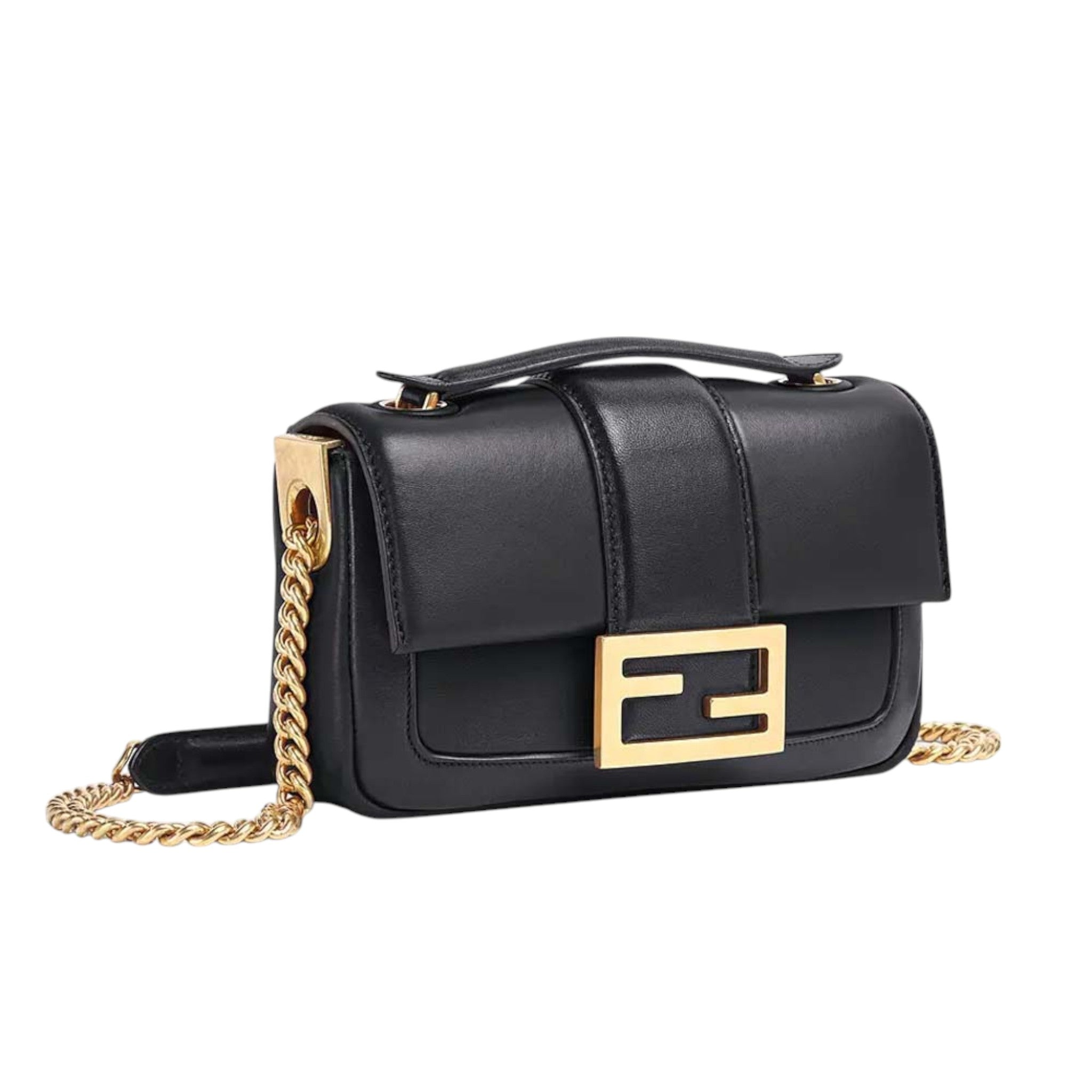 Fendi Mini Small Baguette Chain Black Nappa Leather Bag