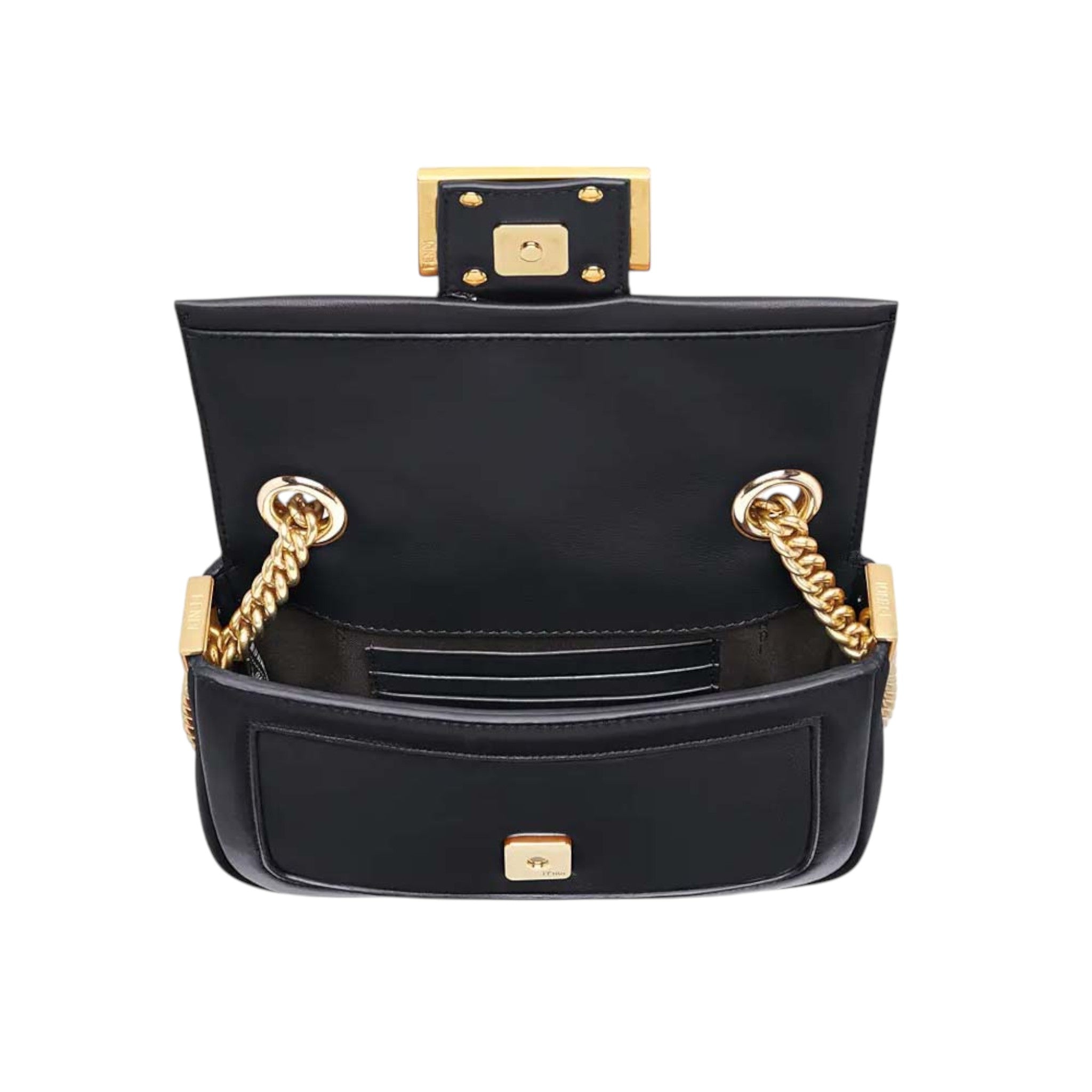 Fendi Mini Small Baguette Chain Black Nappa Leather Bag