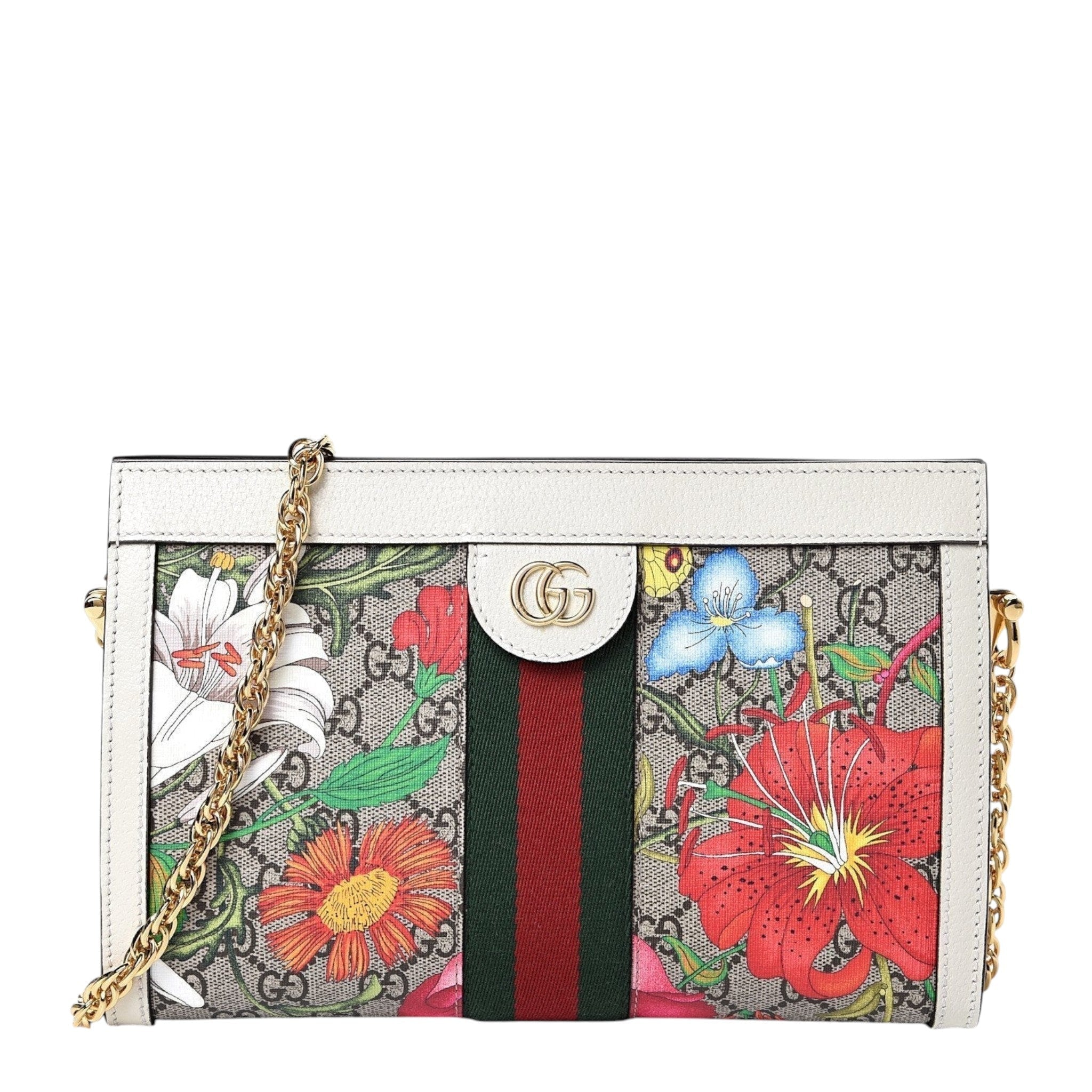 Gucci GG Supreme Monogram Flora Web Ophidia Chain Shoulder Bag White