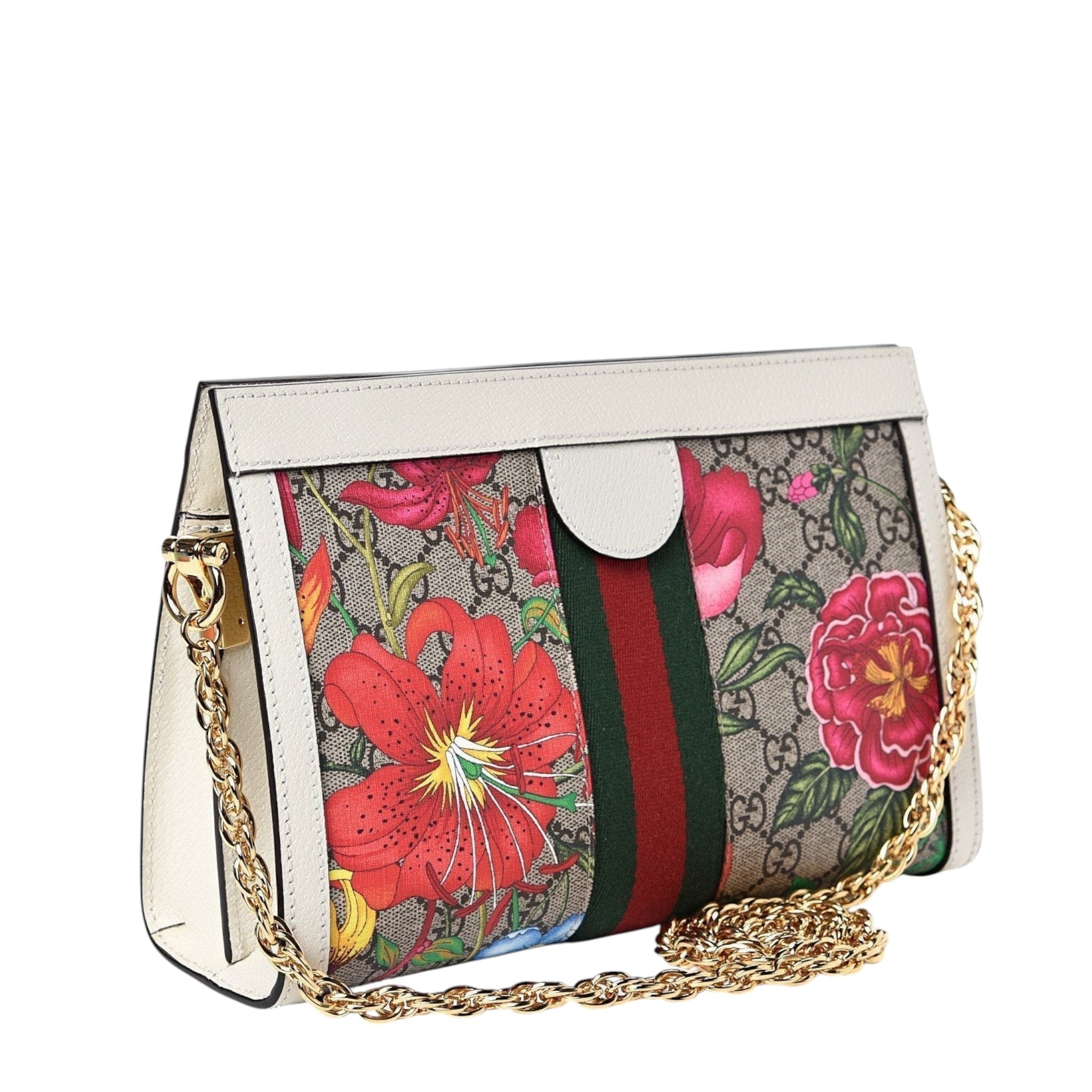 Gucci GG Supreme Monogram Flora Web Ophidia Chain Shoulder Bag White