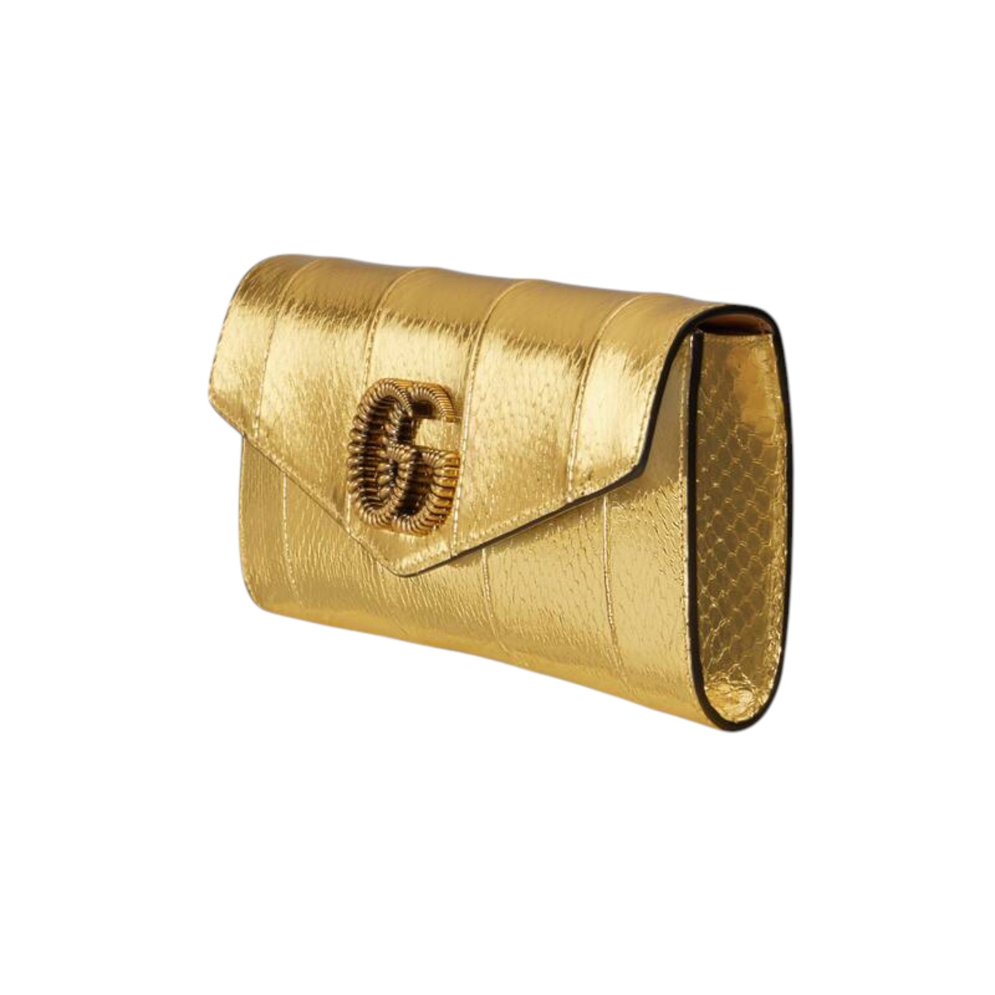 Gucci Broadway Clutch With Double G Gold Snakeskin