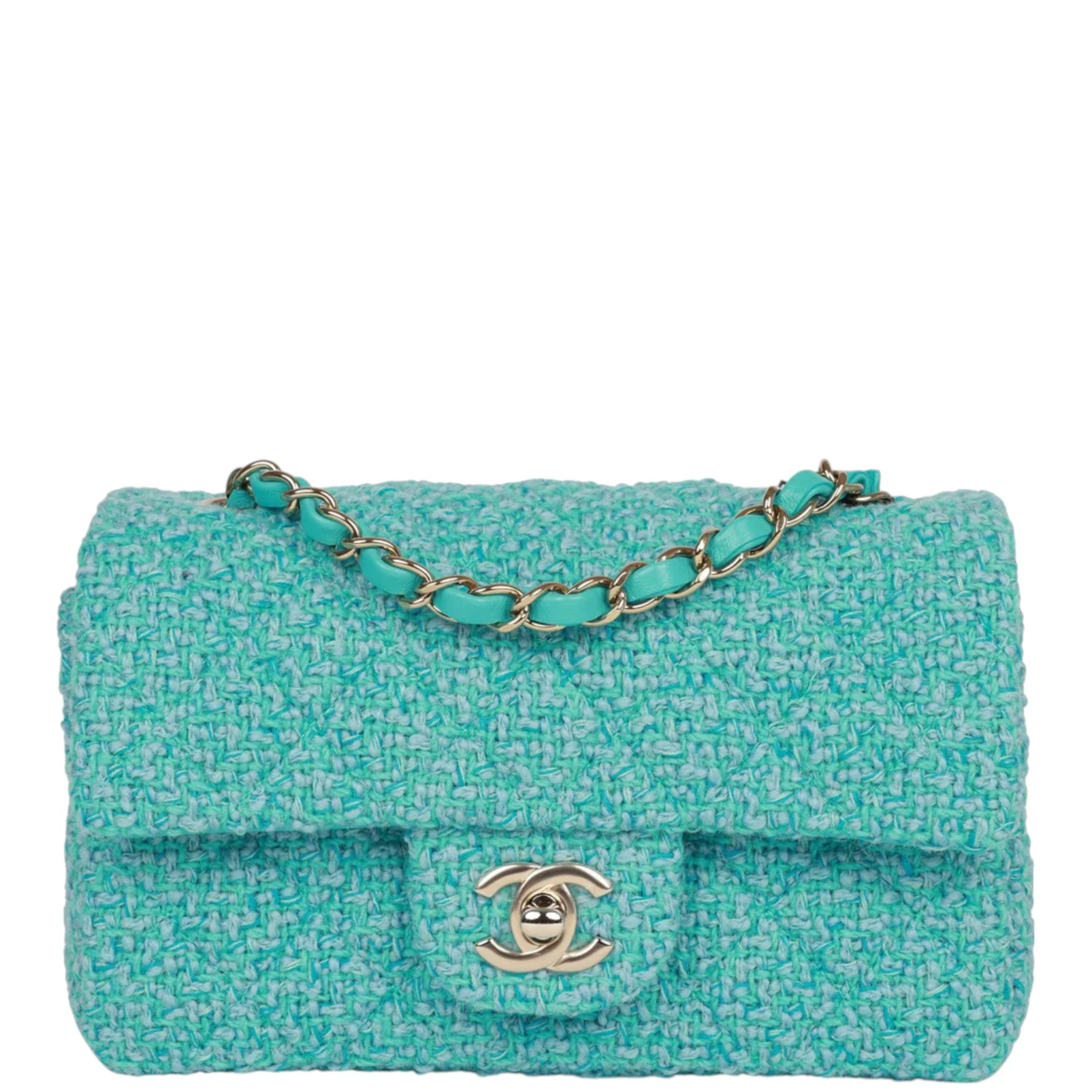 Chanel Small Rectangular Flap Bag Blue Tweed Light Gold Hardware