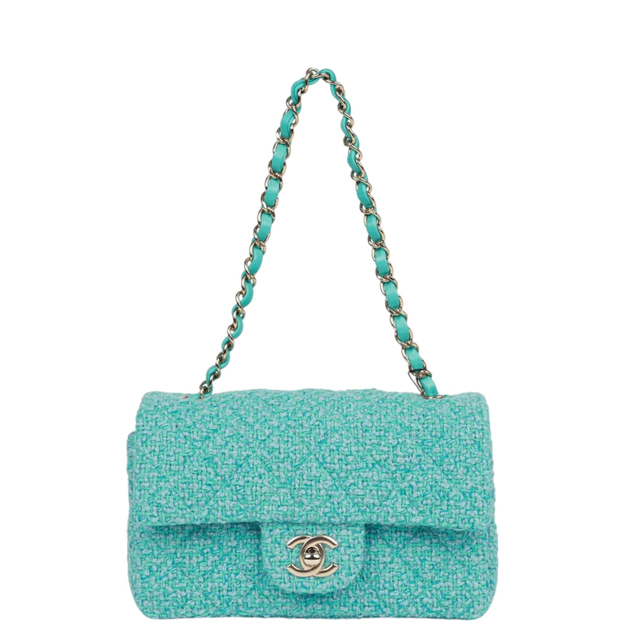 Chanel Small Rectangular Flap Bag Blue Tweed Light Gold Hardware